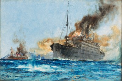 Carmania sinking Cap Trafalgar off Trinidade in the South Atlantic by Charles Edward Dixon