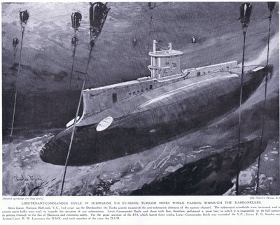Lieutenant Commander Boyle awarded VC for evading Turkish mines in his submarine while passing through the Dardanelles 1915 by Charles Edward Dixon