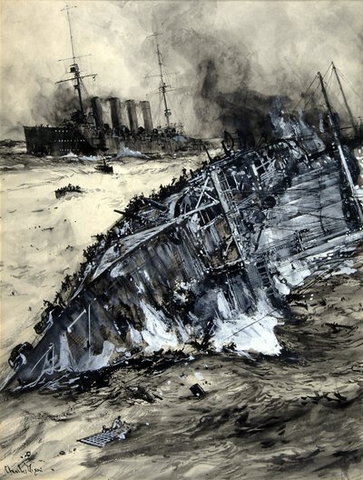 Sinking of the HMS Hogue, Cressy and Aboukir by Charles Edward Dixon