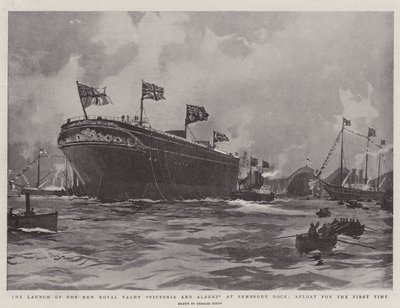 The Launch of the New Royal Yacht Victoria and Albert at Pembroke Dock, Afloat for the First Time by Charles Edward Dixon