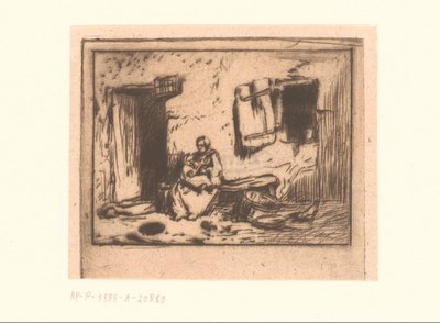 Woman with Child on a Bench Against a Wall by Charles Emile Jacque (attributed to)