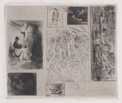 Composite plate: Woman and Children, Old Musician, Frying Merchant, Landscape, 1843 by Charles Emile Jacque