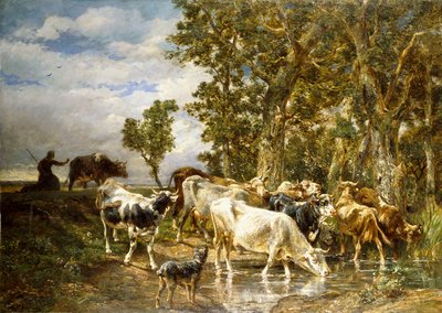 Herd of Cows at a Drinking Pool by Charles Emile Jacque