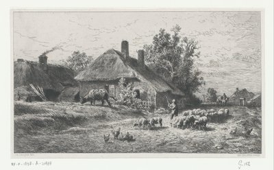 Shepherd with Flock on a Road beside a Farmhouse by Charles Emile Jacque