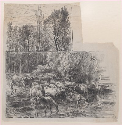 Herdsman and Cattle at Ford, ca. 1850 by Charles Emile Jacque