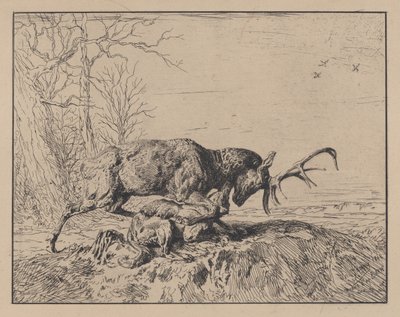 Stag Fighting a Wolf, after Antoine Louis Barye by Charles Emile Jacque