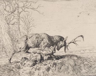 Stag Fighting a Wolf, after Antoine Louis Barye, 1846 by Charles Emile Jacque