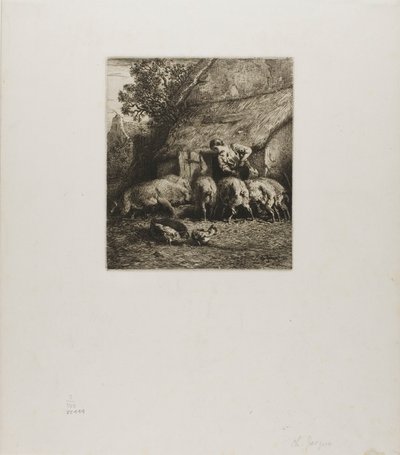 Woman Feeding Six Pigs by Charles Emile Jacque