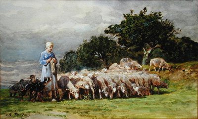 A Shepherdess with a Flock of Sheep by Charles Emile Jacques
