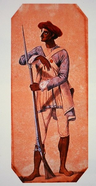 Soldier of Tipu Sultan, Sultan of Mysore, armed with a flintlock musket by Charles Emilius (after) Gold