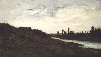 Herdsmen and Cattle in a wooded river landscape by Charles Francois Daubigny