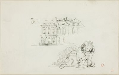 Sketches: The Hotel de Ville, Tours and a Girl Playing (front); Stork (back) by Charles Francois Daubigny