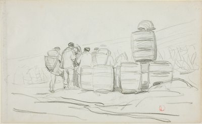 Study of a Group of People with Barrels (recto); Two Studies of a Woman Gleaning (verso) by Charles Francois Daubigny