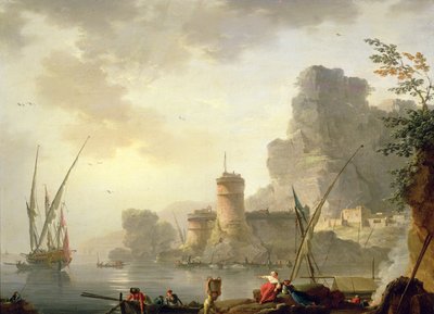 A Mediterranean Harbour Scene at Sunset by Charles Francois Lacroix de Marseille