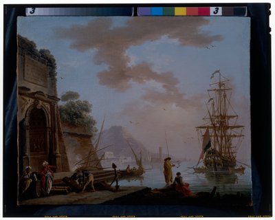 A Mediterranean Seaport with Orientals Conversing Beneath an Ancient Roman Arch by Charles François Grenier de Lacroix
