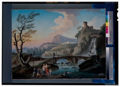 A River Landscape with Fishermen Hauling Their Nets, a Rocky Landscape and a Footbridge Beyond by Charles François Grenier de Lacroix