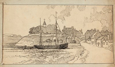 A Sailing Boat on the Beach at Low Tide, by a Lane Leading Up Towards a Village by Charles George Harper