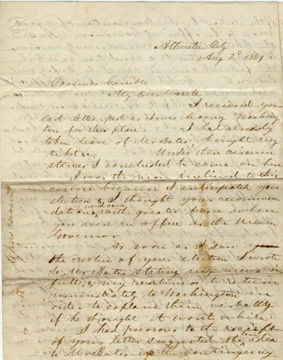 Letter signed C. Gibson, Atlantic City, to Governor Gamble, August 2, 1861 by Charles Gibson