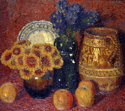 Still Life: Flowers, Pottery and Apples by Charles Ginner