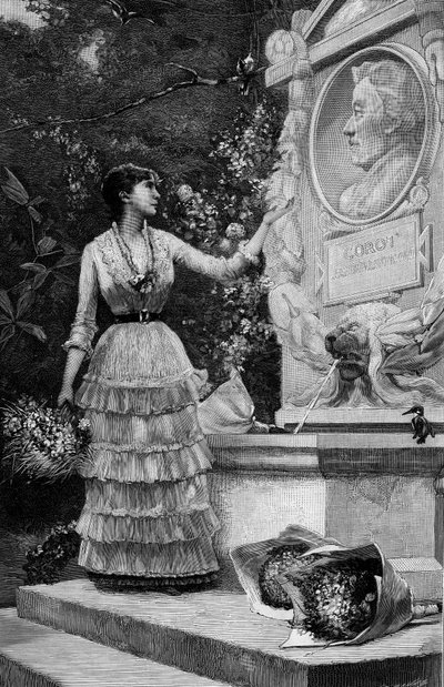 Ms. Blanche Baretta of the Comedie Francaise, speaking the verses of Mr. Francois Coppee, in front of the monument of Corot in Ville d