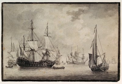 Dutch man-of-war, states yacht and distant shipping in a harbour, late 18th century by Charles Gore