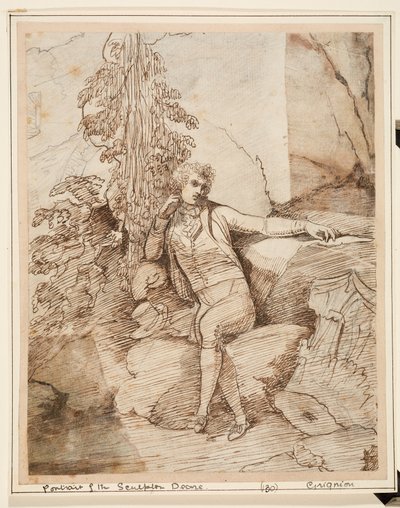 John Deare sat on a rock with his legs crossed, in front of trees, with his top hat next to him by Charles Grignion