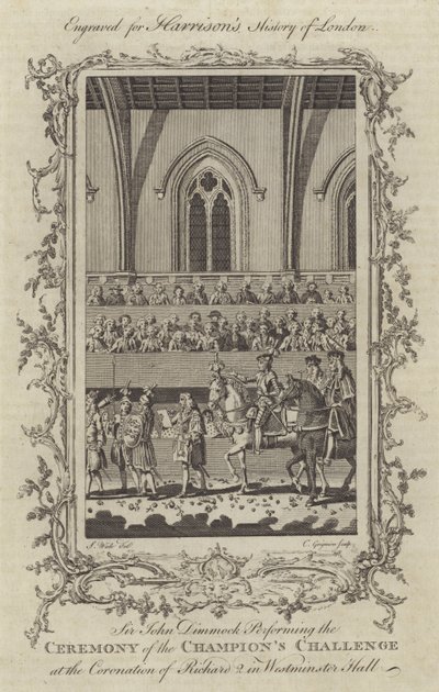 Sir John Dimmock Performing the Ceremony of the Champions Challenge at the Coronation of Richard II in Westminster Hall, 1377 by Charles Grignion