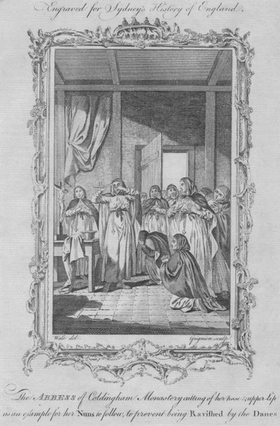 The Abbess of Coldingham Monastery self-mutilating to avoid rape by Viking invaders by Charles Grignion