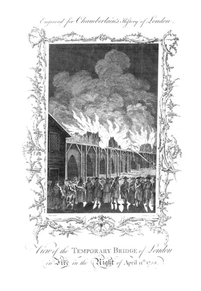 View of the Temporary Bridge of London on Fire by Charles Grignion