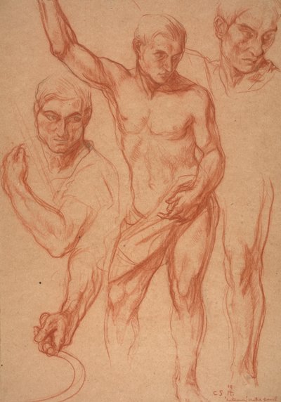 Male Figure Study with Re-Studies of Head, Arms, Shoulder, and Leg by Charles Haslewood Shannon