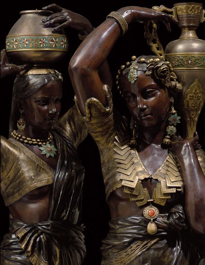 Detail of two bronze torcheres in the shape of Indian women carrying vases by Charles Henri Joseph Cordier