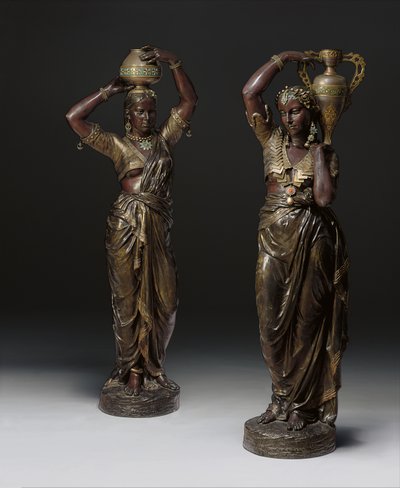 Two Bronze Torcheres in the Shape of Indian Women Carrying Vases, 1862-1865 by Charles Henri Joseph Cordier