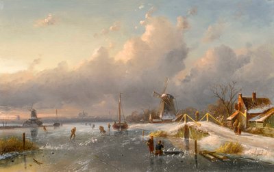 A Winter Landscape with Windmills and Skaters on a Frozen Waterway by Charles Henri Joseph Leickert