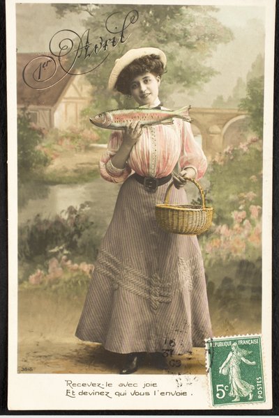 Old Postcard/April Fish/Woman of the Belle Epoque by Augustus Kollner