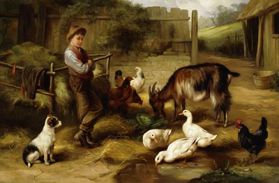 A Boy with Poultry and a Goat in a Farmyard by Charles Hunt