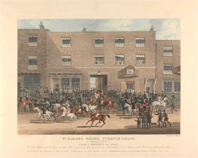 Steeple-chasing [set of six]: St. Albans Grand Steeple Chase. Plate 1. Preparing to Start by Charles Hunt