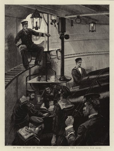 In the Turret of H M S Conqueror, loading the Forty-Five Ton Guns by Charles J. Staniland