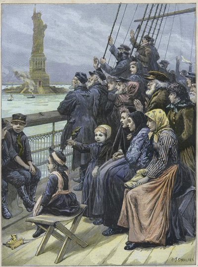 Jewish Immigrants Arriving in New York USA in 1892 - Jewish Refugees from Russia Passing the Colossal Statue in New York Harbour - Engraving by Charles Joseph Staniland by Charles J. Staniland