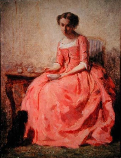 Girl in a pink dress at a table by Charles Joshua Chaplin