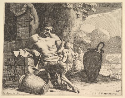 Evening: A Seated Satyr Clasps His Child, a Figure Hangs a Garland on a Pier Beyond by Charles Le Brun
