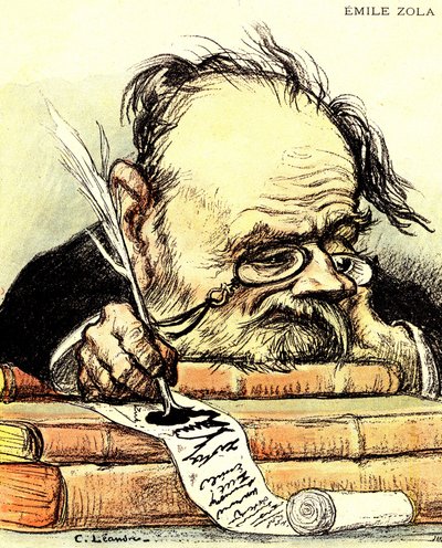 Cartoon by Emile Zola writing, visibly lacking inspiration - Illustration by Charles Leandre in 