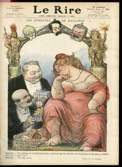 Illustration of Charles Leandre for the Cover of Le Rire, 03/01/14 - Les strennes de Marianne - Tribun - Clemenceau George, Jaures Jean, Briand Aristide, Marianne, Caillaux Joseph by Charles Leandre