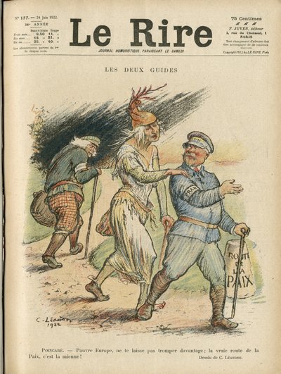 Illustration of Charles Leandre for the Cover of Le Rire, 24/06/22 - The Two Guides - England Great Britain, Europe, President of the Republic, Peace, Chapeau - Poinsare Raymond, David Lloyd George by Charles Leandre