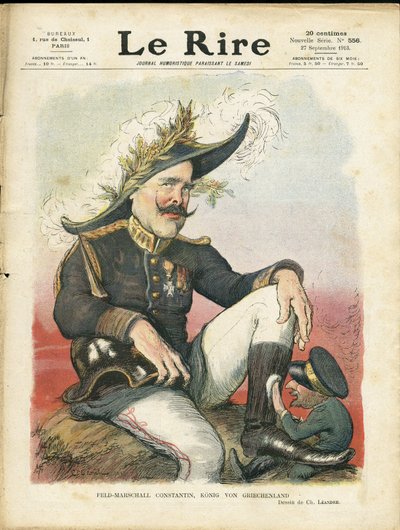 Illustration of Charles Leandre for the Cover of Le Rire, 27/09/13 - Field-Marshal Constantine - Germany Prussia, Helmet with Spike, Army, Greece - Ferdinand of Bulgaria, Constantine I - Shoe Shine by Charles Leandre