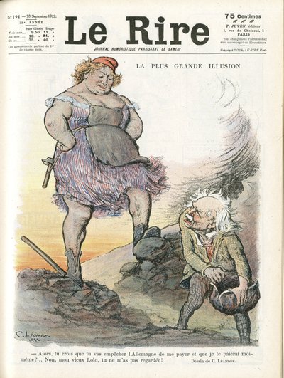 Illustration of Charles Leandre for the Cover of Le Rire, 30/09/22 - The greatest illusion - Germany Prussia, England Great Britain, Reparations - Marianne, David Lloyd George by Charles Leandre