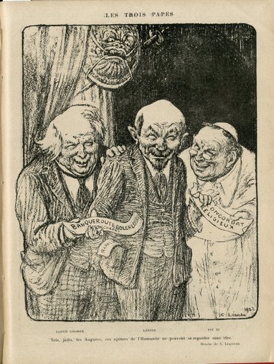 Illustration of Charles Leandre in Le Rire, 03/06/22 - The Three Popes - England Great Britain, U.S.R., Verifier dates, Reichstag - Lenine, Lloyd George, Pius XI by Charles Leandre