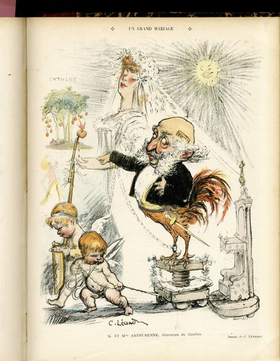 Illustration of Charles Leandre in Le Rire, 22/10/04 - Un grand mariage - Marriage - Coq, Meyer Arthur - Animalisation by Charles Leandre