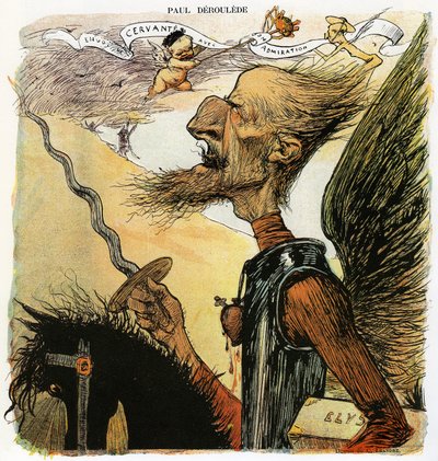 Paul Deroulede (1846-1914), French writer and nationalist activist, an important actor in anti-Dreyfusism, caricature by Charles Leandre as a knight Don Quixote: going to fight against windmills, he carries under his arm a suitcase marked 
