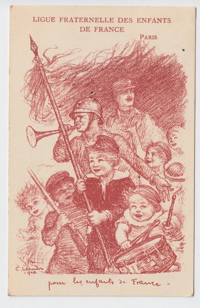 Postcard, Satirical in Colors: Ligue fraternelle des enfants de France - War of 14-18, Childhood, Patriotic Days Illustration by Charles Leandre (1862-1934) by Charles Leandre