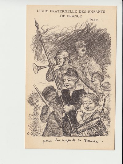 Postcard, Satirical in Black and White: Ligue fraternelle des enfants de France - War of 14-18, Music, Childhood, Ligue fraternelle des enfants de France - Soldiers Illustration by Charles Leandre by Charles Leandre